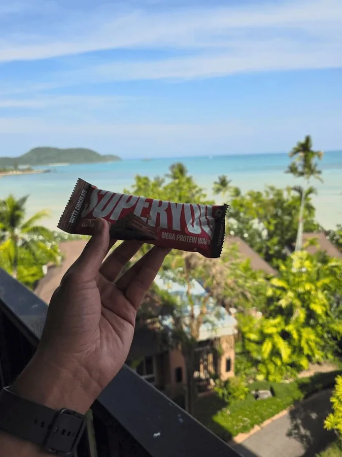 SuperYou Chocolate Protein Wafer — crunchy protein wafer pack at the beach